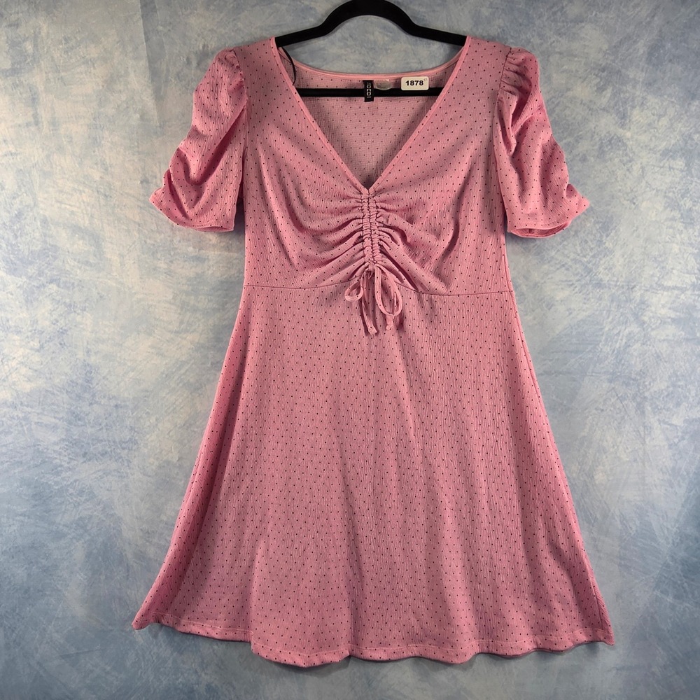 H&M Divided Pink Polka Dot Ruched V-Neck‎ Puff Sleeve Mini Dress Womens Medium